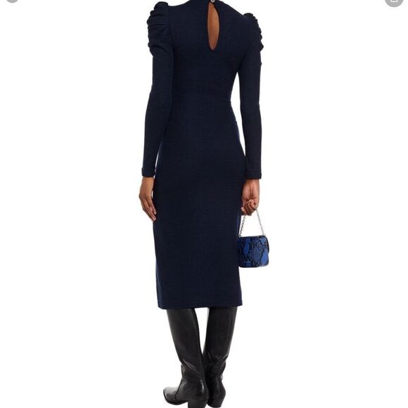 Walter Baker Dress Midi Long Sleeve Navy Blue Gathered Shoulder Puff Stretch M - Picture 2 of 16